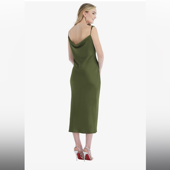ASYMMETRICAL ONE-SHOULDER COWL MIDI SLIP DRESS IN OLIVE GREEN - Picture 4 of 9
